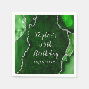 Green and Silver Agate Marble Birthday Napkin