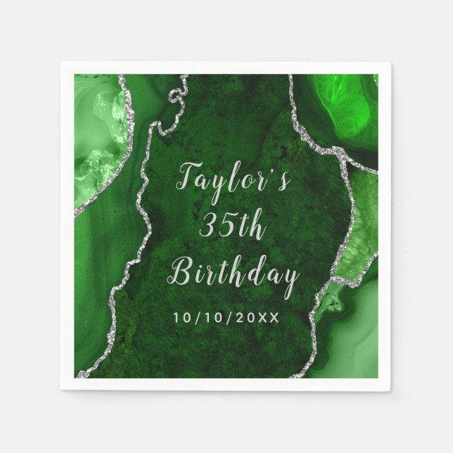 Green and Silver Agate Marble Birthday Napkin (Front)