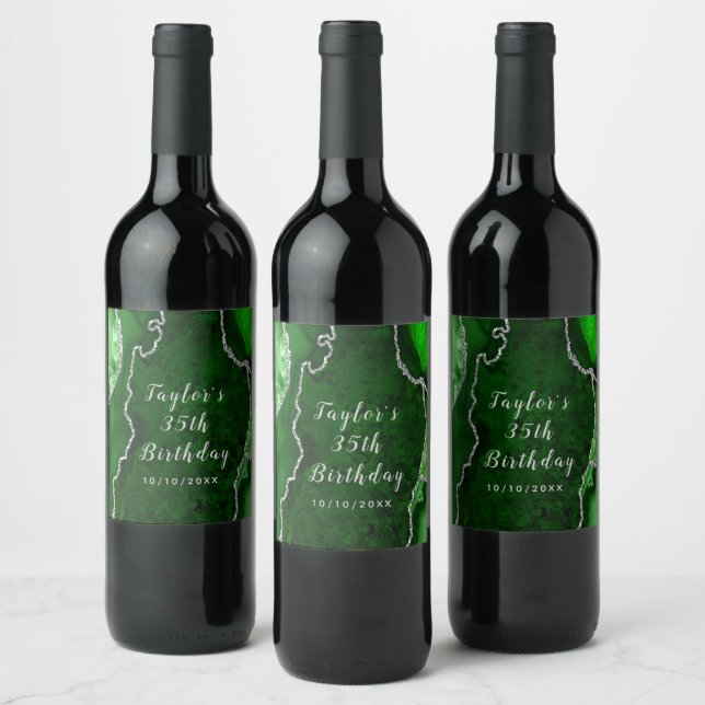 Green and Silver Agate Marble Birthday Wine Label (Bottles)
