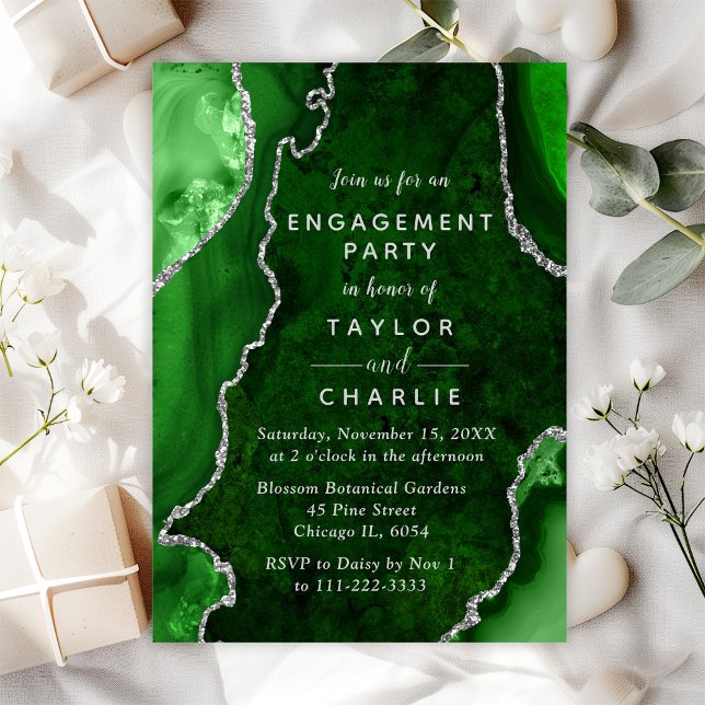 Green and Silver Agate Marble Engagement Party Invitation (Creator Uploaded)