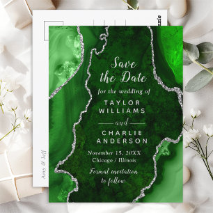 Green and Silver Agate Marble Save The Date Postcard