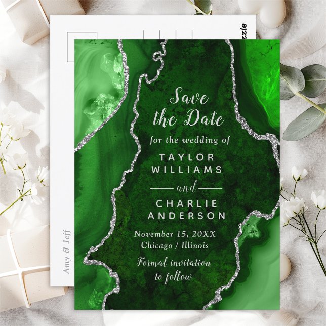 Green and Silver Agate Marble Save The Date Postcard (Creator Uploaded)