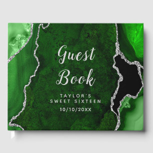 Green and Silver Agate Marble Sweet Sixteen Guest Book