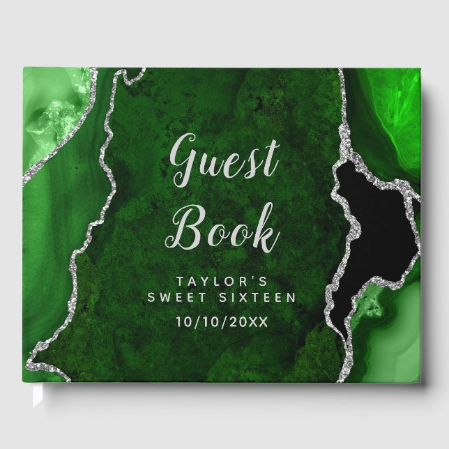 Green and Silver Agate Marble Sweet Sixteen Guest Book (Front)