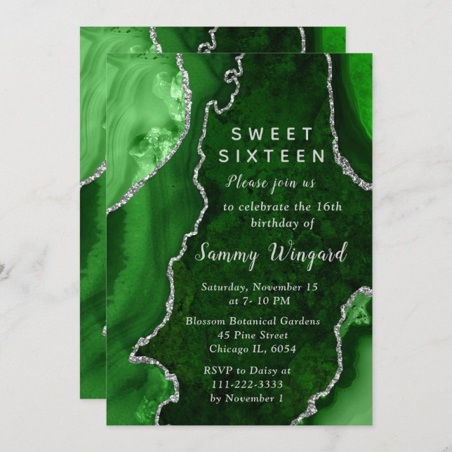 Green and Silver Agate Marble Sweet Sixteen Invitation (Front/Back)