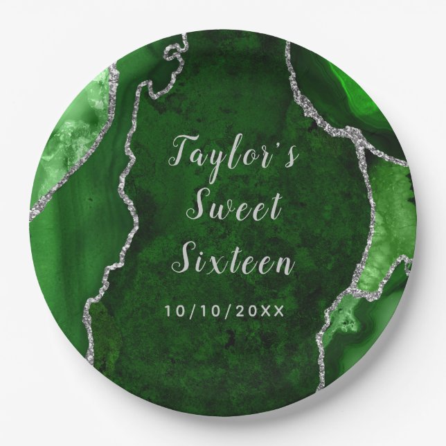 Green and Silver Agate Marble Sweet Sixteen Paper Plate (Front)