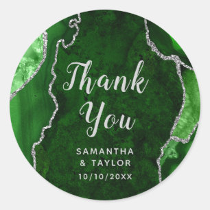 Green and Silver Agate Marble Thank You Wedding Classic Round Sticker