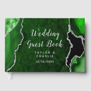 Green and Silver Agate Marble Wedding Guest Book