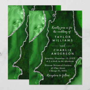 Green and Silver Agate Marble Wedding Invitation