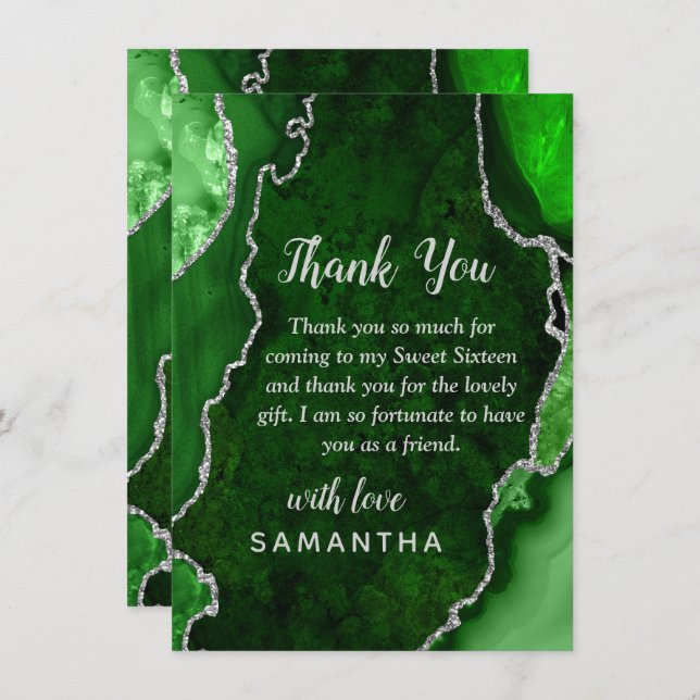 Green and Silver Agate Sweet Sixteen Thank You Card (Front/Back)