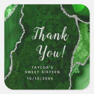 Green and Silver Agate Sweet Sixteen Thank You Square Sticker