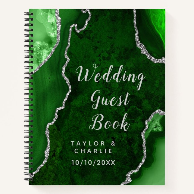 Green and Silver Agate Wedding Guest Book (Front)