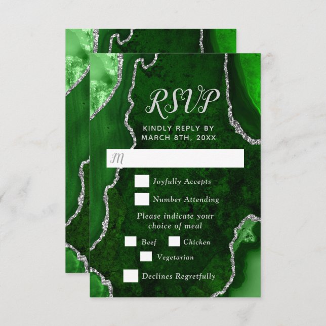Green and Silver Agate Wedding Meal Choice RSVP Card (Front/Back)