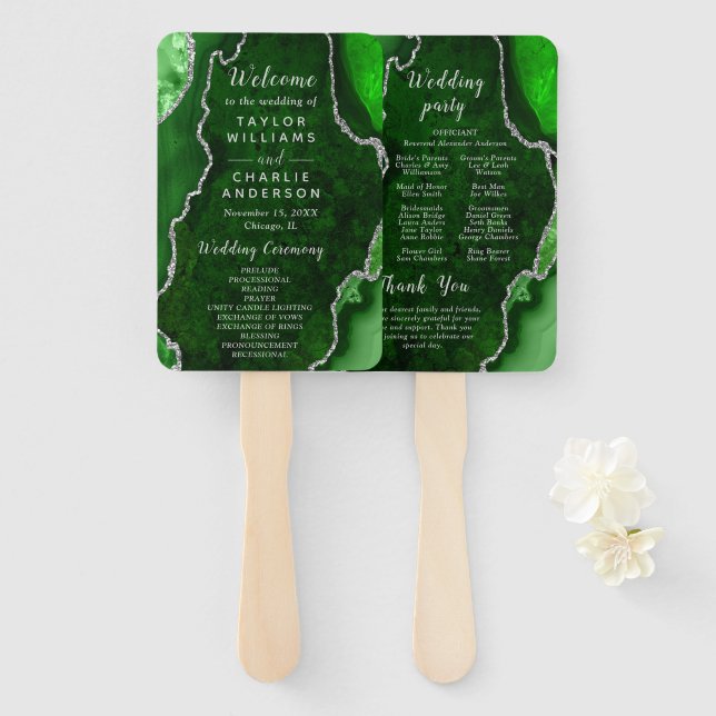 Green and Silver Agate Wedding Program Hand Fan (Front and Back)