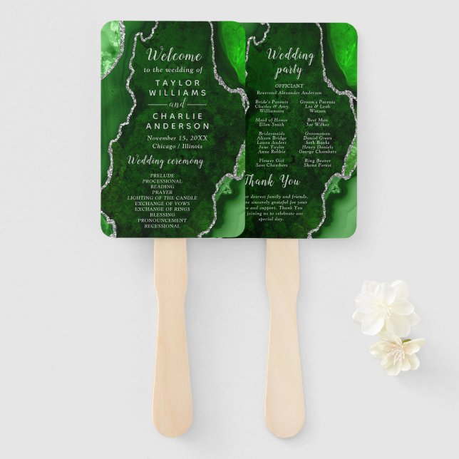 Green and Silver Agate Wedding Program Hand Fan (Front and Back)