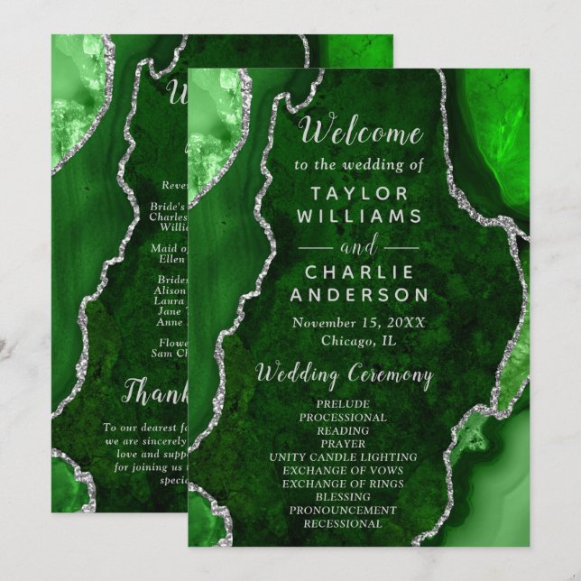 Green and Silver Agate Wedding Program Programme (Front/Back)