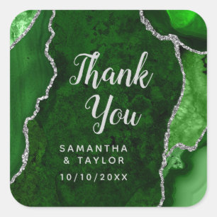 Green and Silver Agate Wedding Thank You Square Sticker