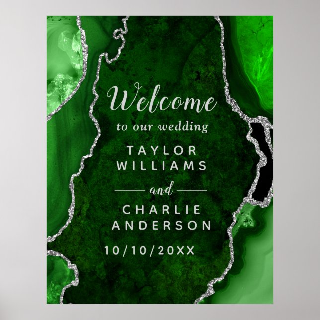 Green and Silver Agate Wedding Welcome Poster (Front)