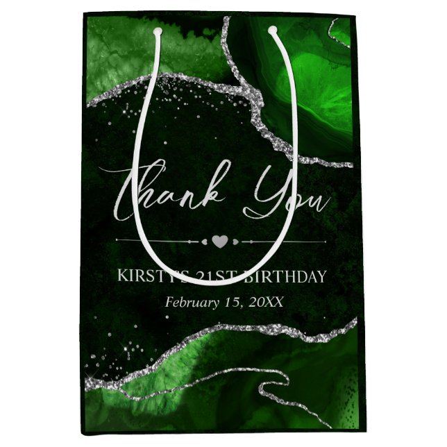 Green and Silver Faux Glitter Agate Birthday Medium Gift Bag (Front)
