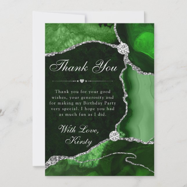 Green and Silver Faux Glitter Agate Birthday Thank You Card (Front)