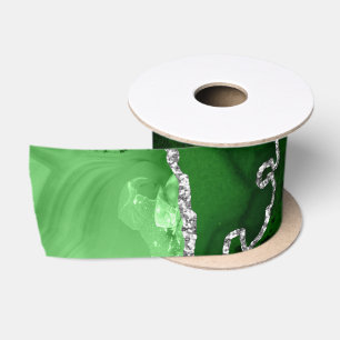 Green and Silver Faux Glitter Agate Satin Ribbon