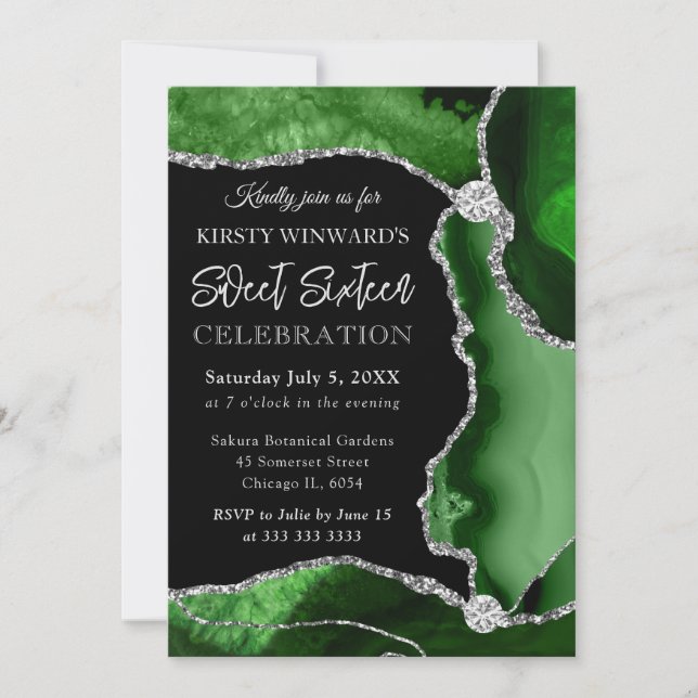 Green and Silver Faux Glitter Agate Sweet 16 Invitation (Front)