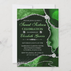 Green and Silver Faux Glitter Agate Sweet Sixteen Invitation