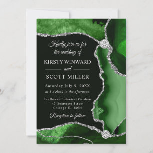 Green and Silver Faux Glitter Agate Wedding Invitation