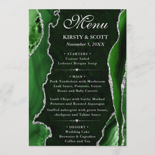 Green  and Silver Faux Glitter Agate Wedding Menu (Front)