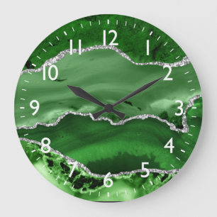 Green and Silver Faux Glitter Marble Agate  Large Clock