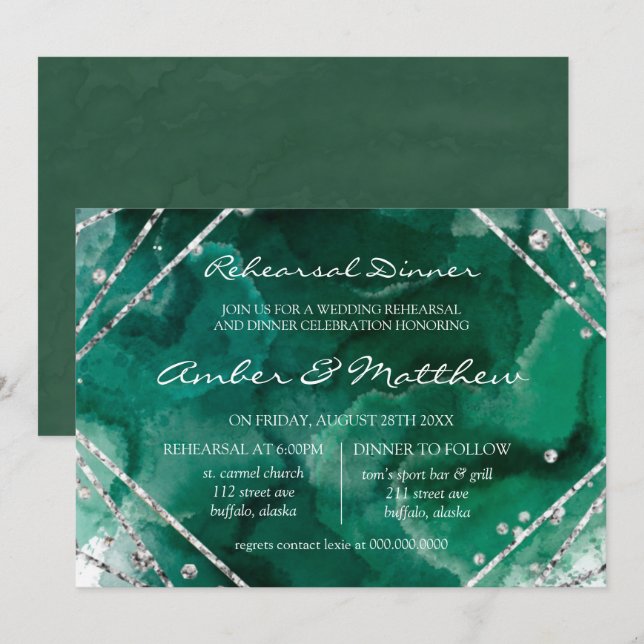 Green and Silver Geometric Rehearsal Dinner Invitation (Front/Back)