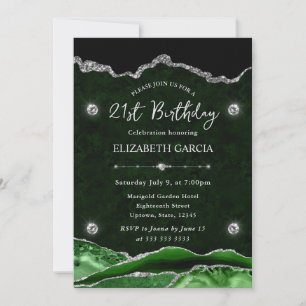 Green and Silver Glitter Agate 21st Birthday Invitation