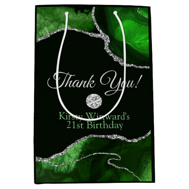 Green and Silver Glitter Agate Birthday Thank You Medium Gift Bag (Front)