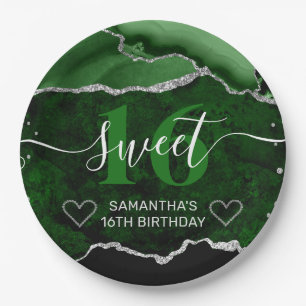 Green and Silver Glitter Agate Marble Sweet 16 Paper Plate