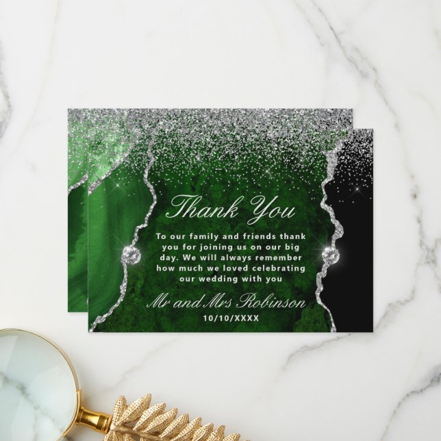 Green and Silver Glitter Agate Marble Wedding Thank You Card (Front/Back In Situ)