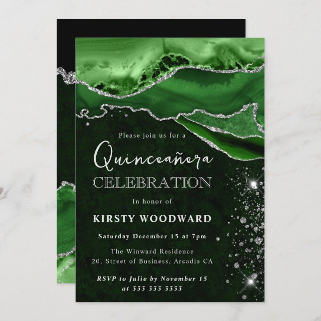 Green and Silver Glitter Agate Quinceanera Invitation (Front/Back)