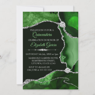 Green and Silver Glitter Agate Quinceanera Invitation