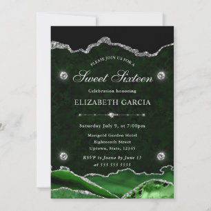 Green and Silver Glitter Agate Sweet 16 Invitation