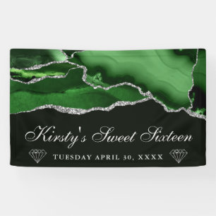 Green and Silver Glitter Agate Sweet Sixteen Banner