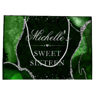Green and Silver Glitter Agate Sweet Sixteen Large Gift Bag