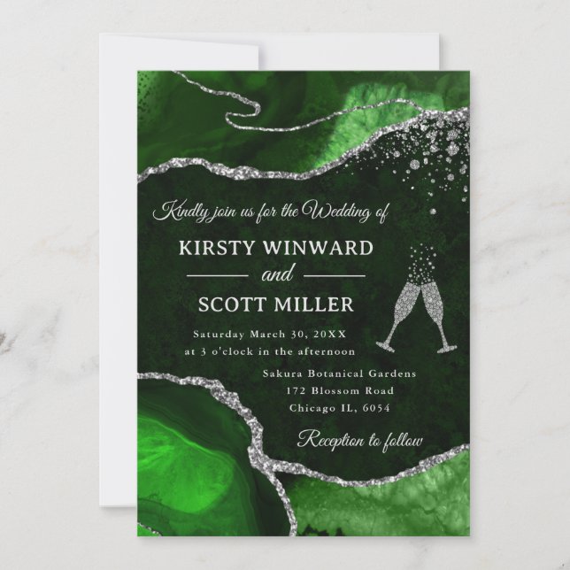 Green  and Silver Glitter Agate Wedding Invitation (Front)