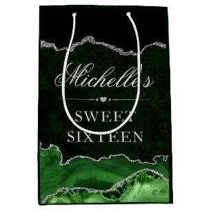 Green and Silver Glitter Marble Agate Sweet 16 Medium Gift Bag