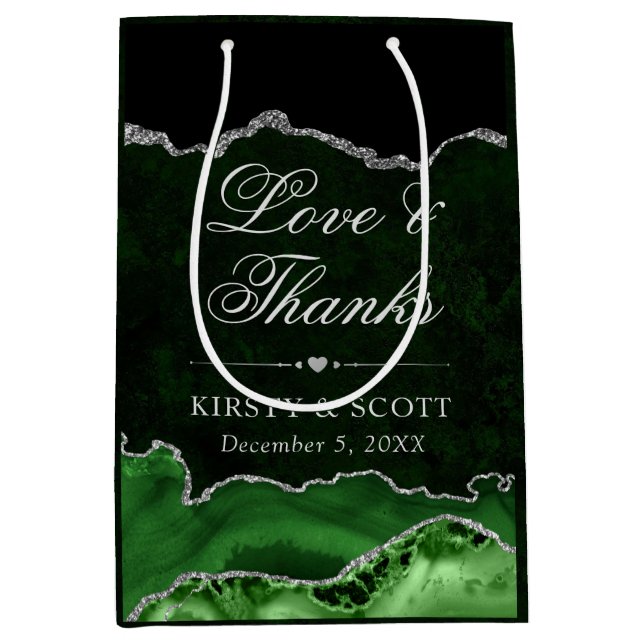 Green and Silver Glitter Marble Agate Wedding Medium Gift Bag (Front)