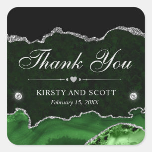 Green and Silver Glitter Marble Wedding Square Sticker