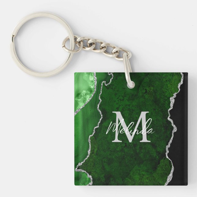 Green and Silver Marble Agate Key Ring (Front)