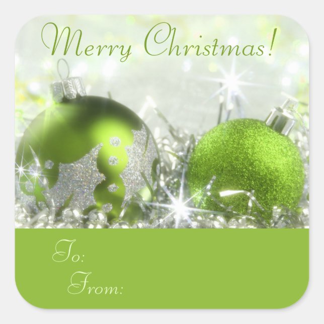 Green and Silver Merry Christmas Gift Tag Sticker (Front)