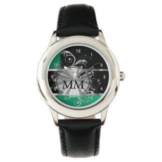 Green  and silver monogram on black watch