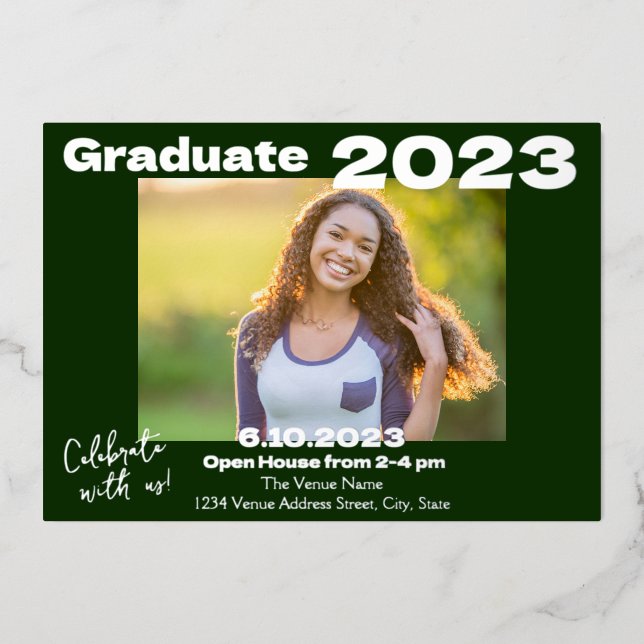Green and Silver Photo Graduation Invitation Card (Front)