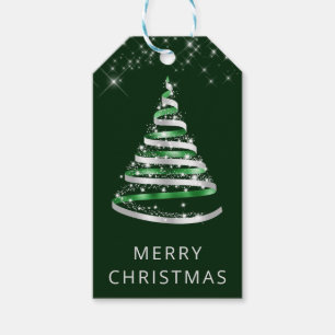 Green and Silver Ribbon & Glitter Christmas Tree Gift Tags
