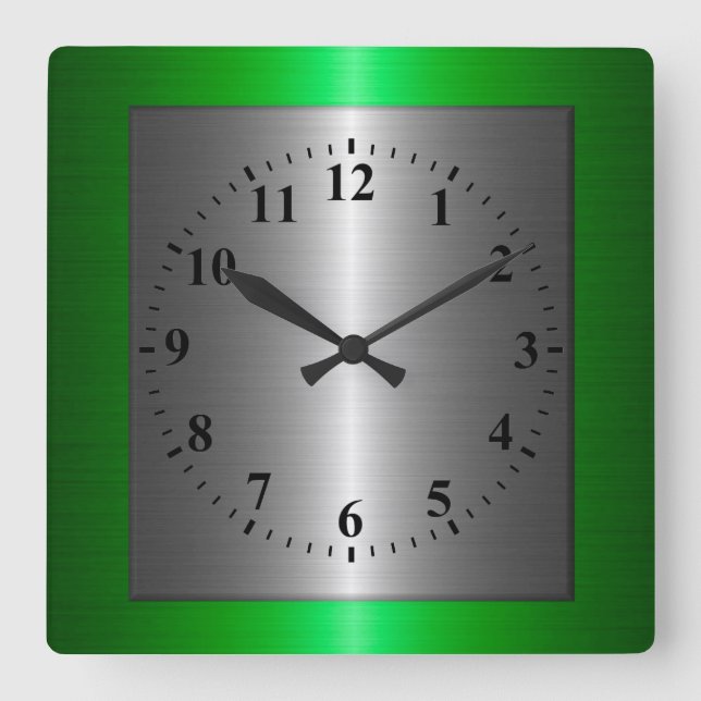 Green and Silver Stainless Steel Metal Square Wall Clock (Front)